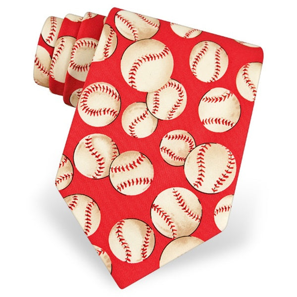 Red tie with baseball pattern on a white background