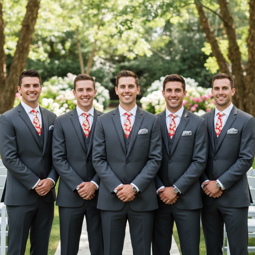 Five wedding groomsmen in gray suits with red ties standing outdoors in a park-like setting.