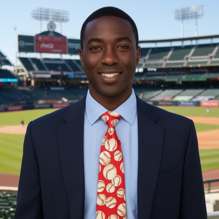 Man in a suit with a red tie featuring baseball patterns standing on a baseball field.