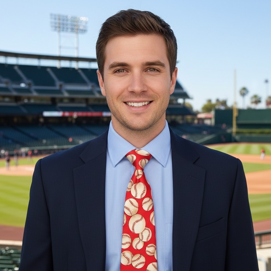 Man in a suit with a red tie featuring baseball patterns standing in front of a baseball stadium.
