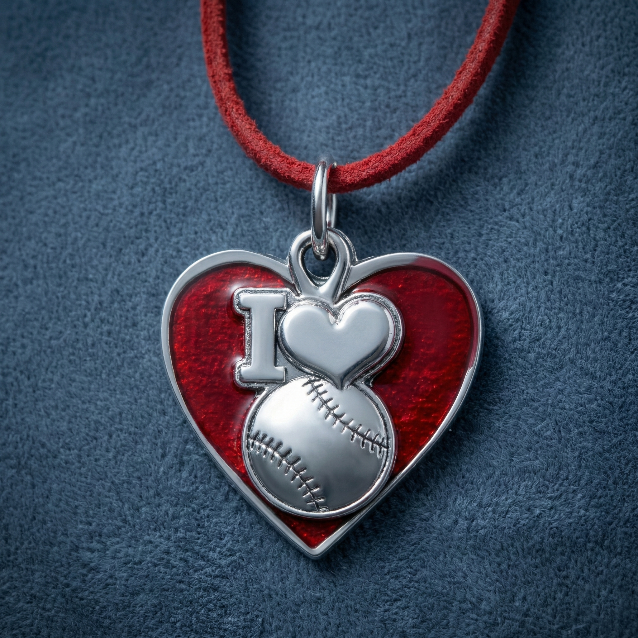 i heart love baseball red heart necklace on soft blue background