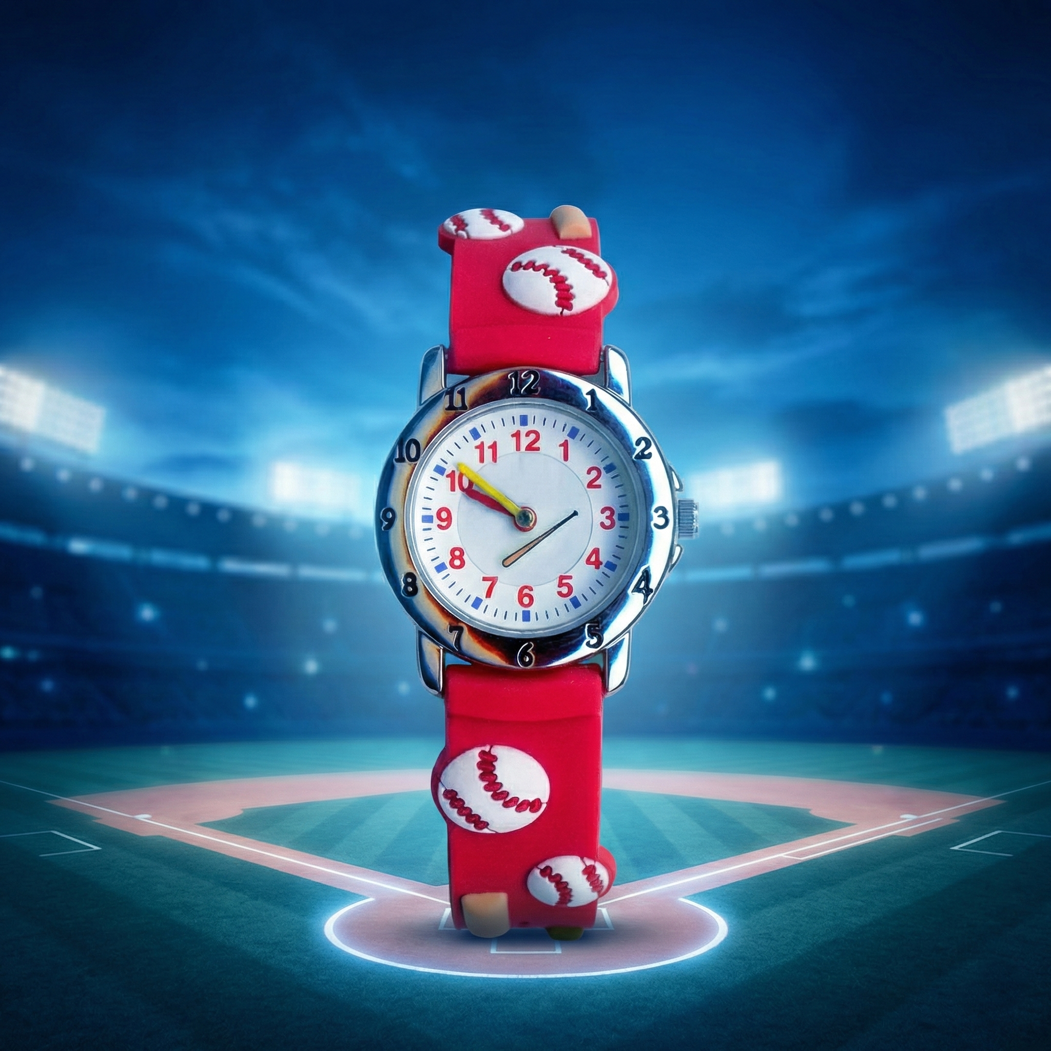 Children's watch with baseball design on a baseball field background