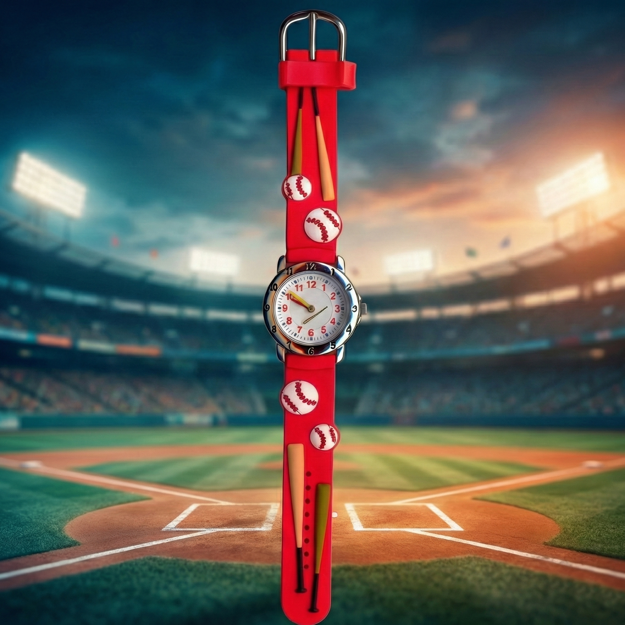 Red watch with baseball design on a baseball field background
