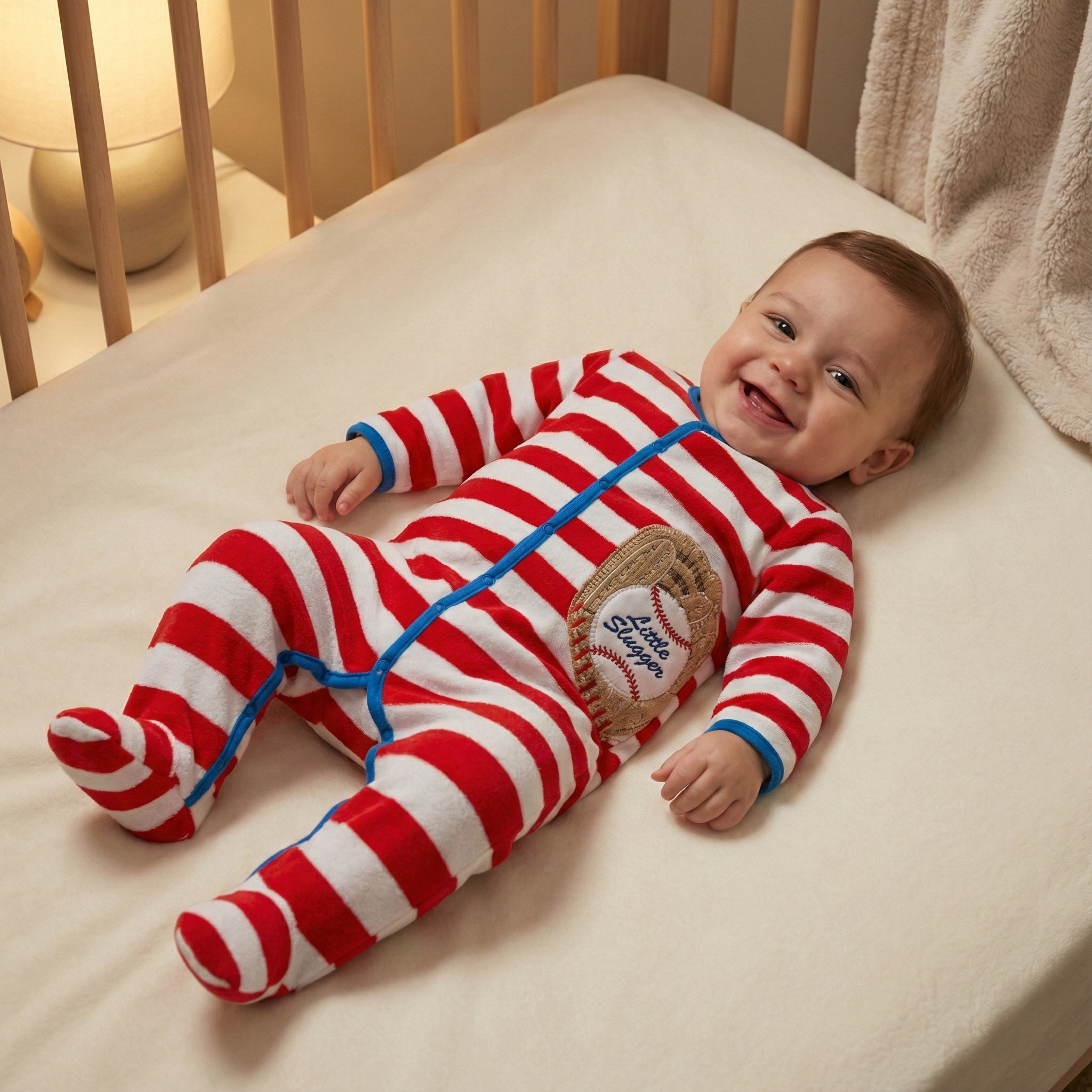 Baby in a red and white striped velour onesie with a baseball design lying on a crib.