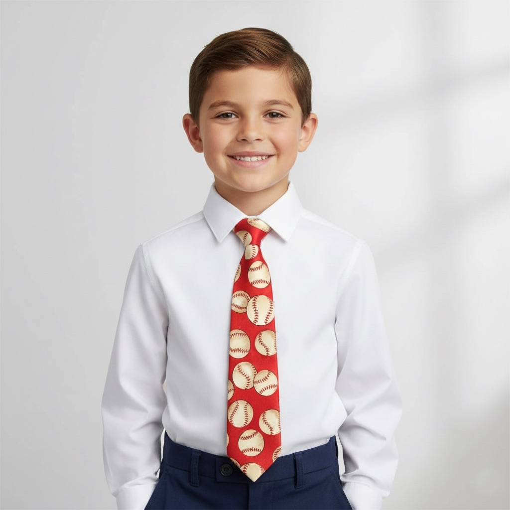 Young boy wearing a white shirt and red tie with baseball pattern on a light gray background