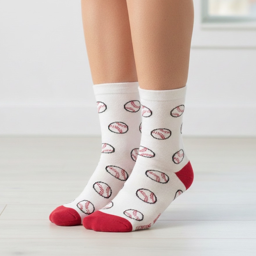 White socks with red toes and soles, featuring a baseball pattern, worn by a person on a light wooden floor.