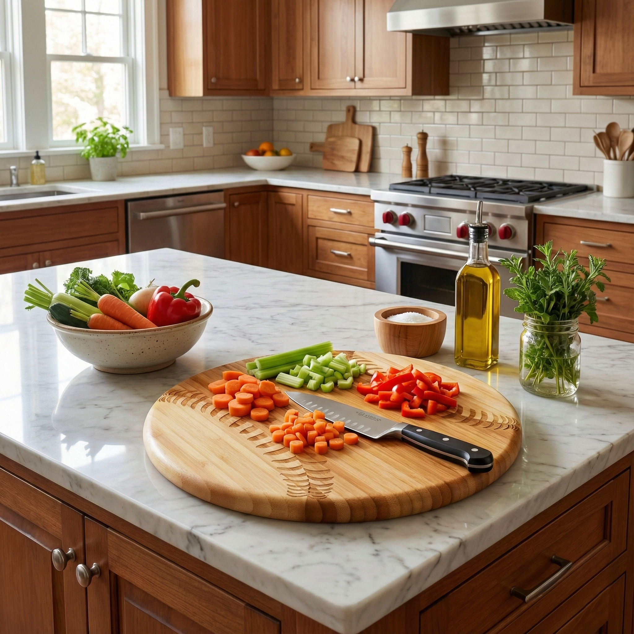 Kitchen counter with round wooden baseball cutting board, vegetables, and kitchen appliances