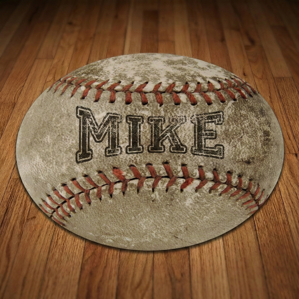 Vintage flat baseball floor mat with 'MIKE' text on a wooden floor