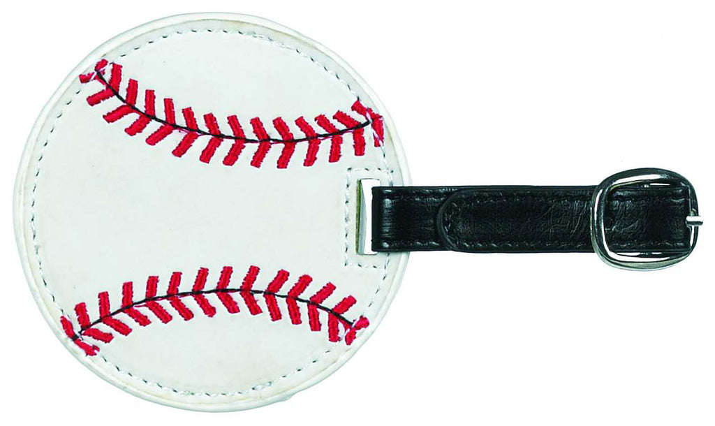 Baseball-shaped luggage tag with red stitching by Ganz on a white background