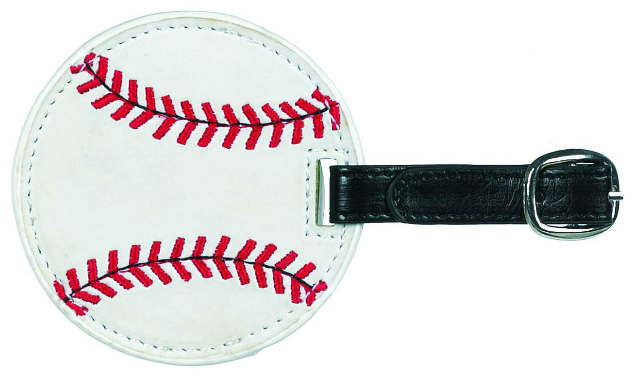 Baseball-shaped luggage tag with red stitching by Ganz on a white background
