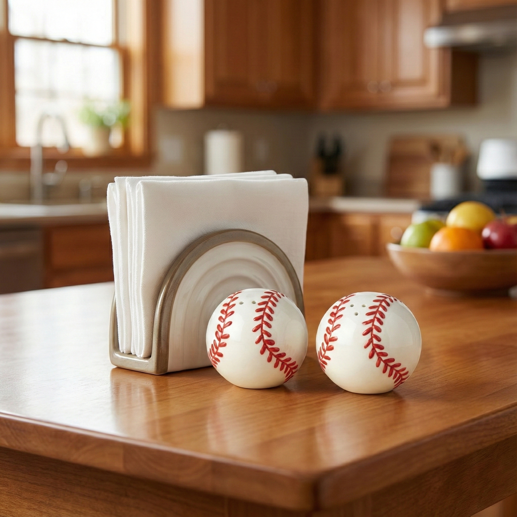 Batter Up Baseball Salt & Pepper Shaker Set on a kitchen counter with a napkin holder and fruit bowl in the background.