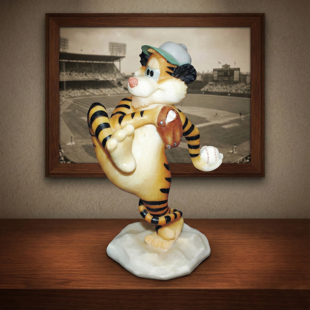 Animated character figurine on a table with a framed picture of a baseball stadium in the background