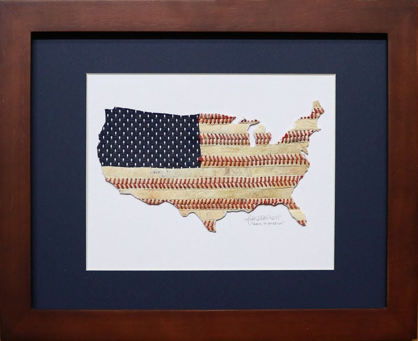 Framed artwork of a U.S. map with American flag pattern made from real baseballs