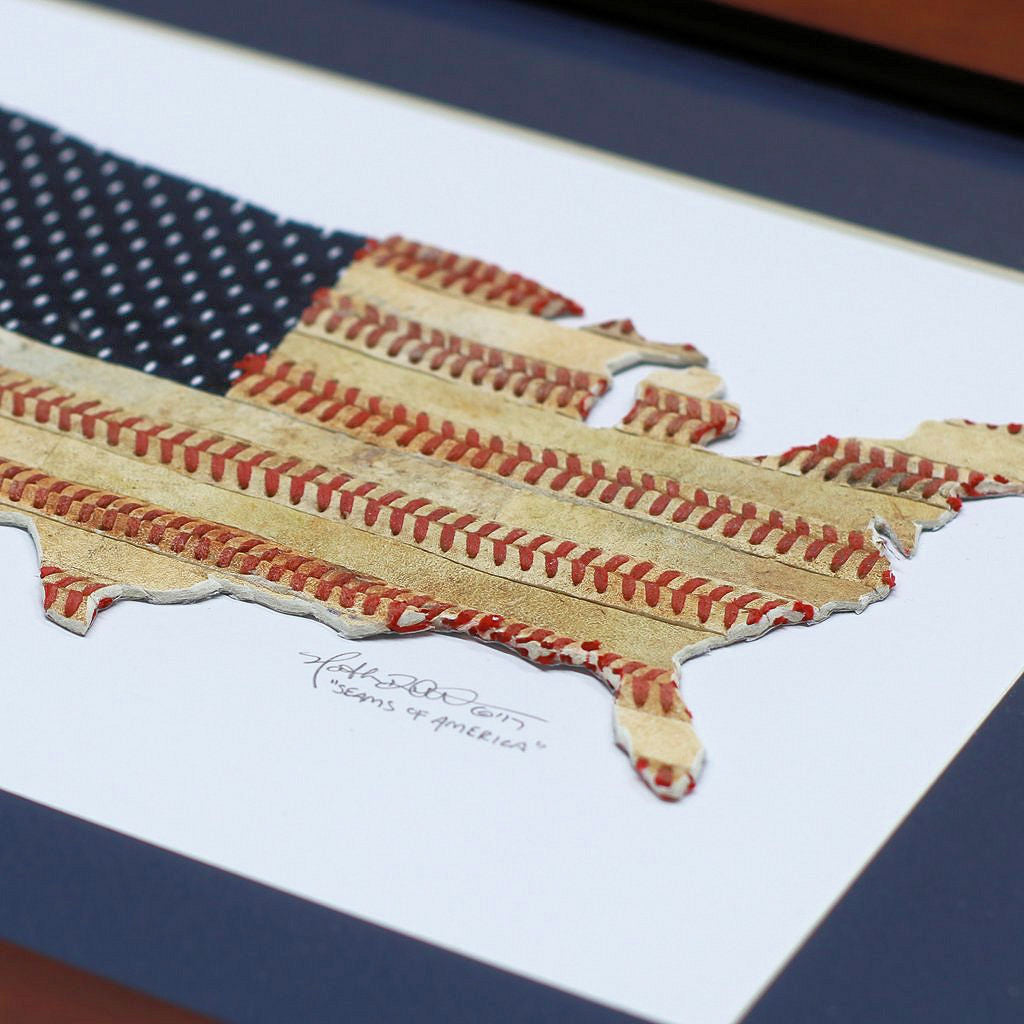 Map of the United States made from baseballs on a white background