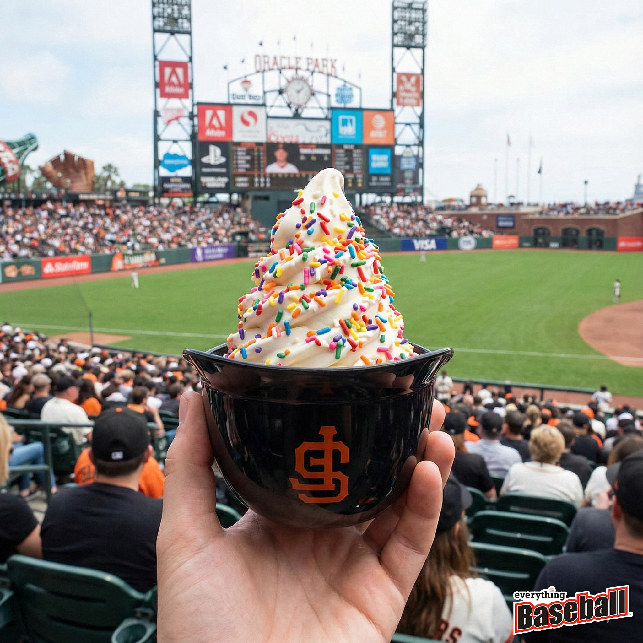 Ice cream with colorful sprinkles held up at a San Francisco Giants baseball game, with Oracle Park in the background.
