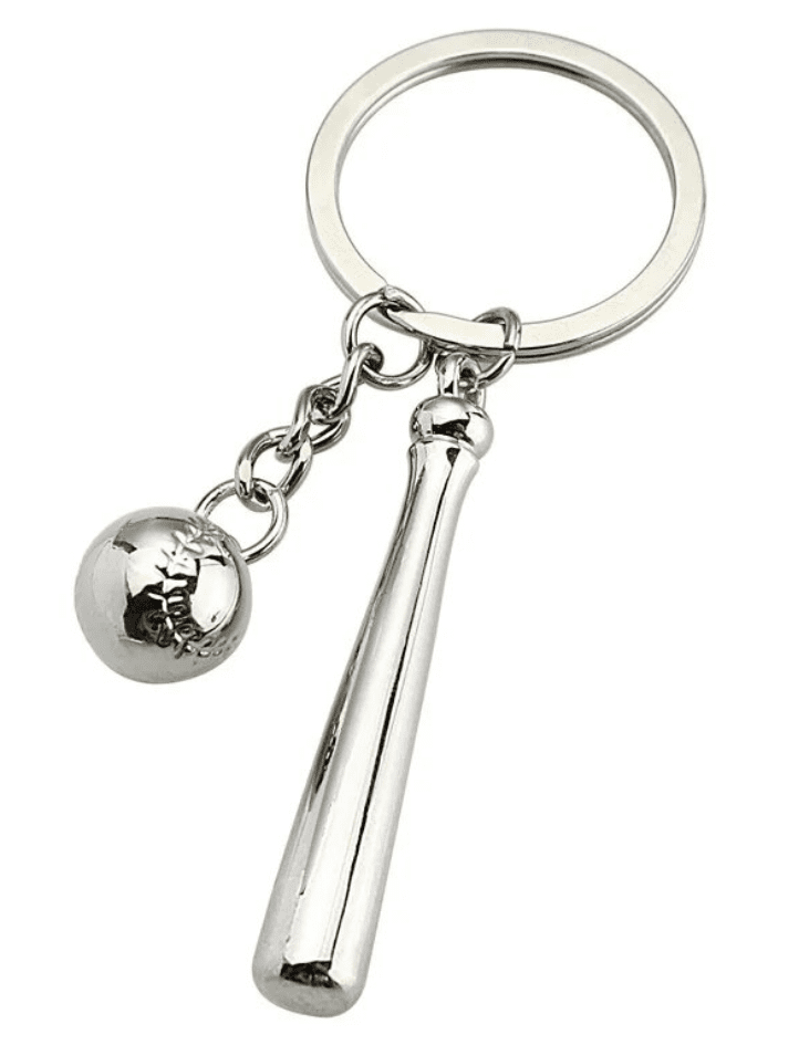 Silver keychain with baseball bat and ball design on a white background