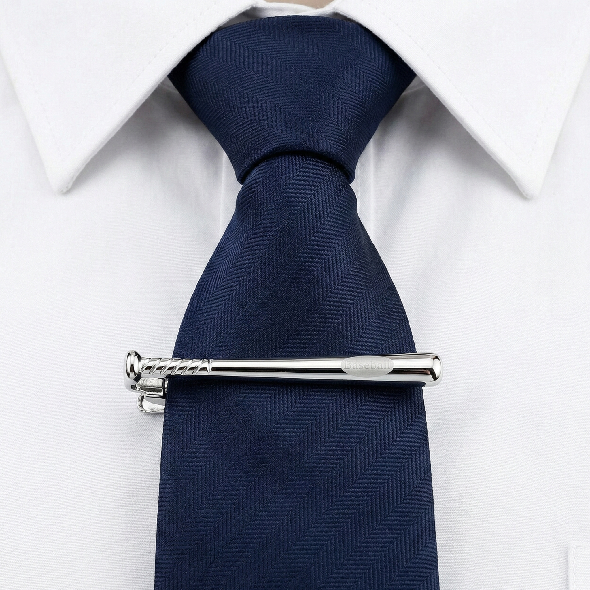 Baseball Bat Silver Tie Clip on a navy blue tie and white dress shirt.