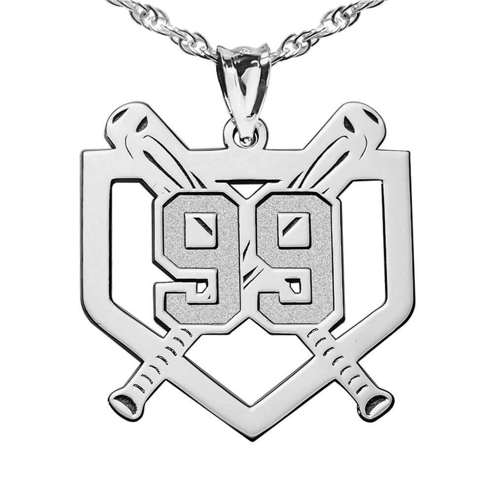 Silver necklace pendant with '99' design on a white background