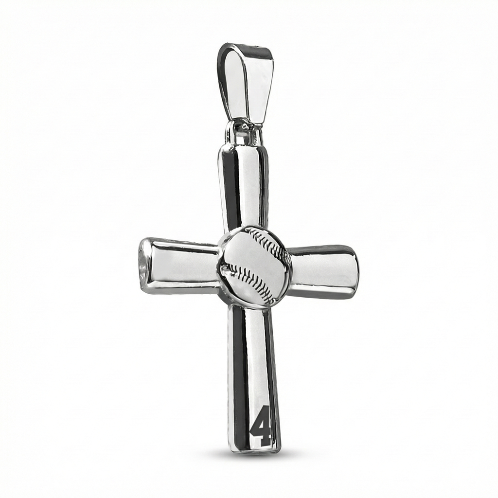 Silver baseball cross pendant with a number 4 on a white background