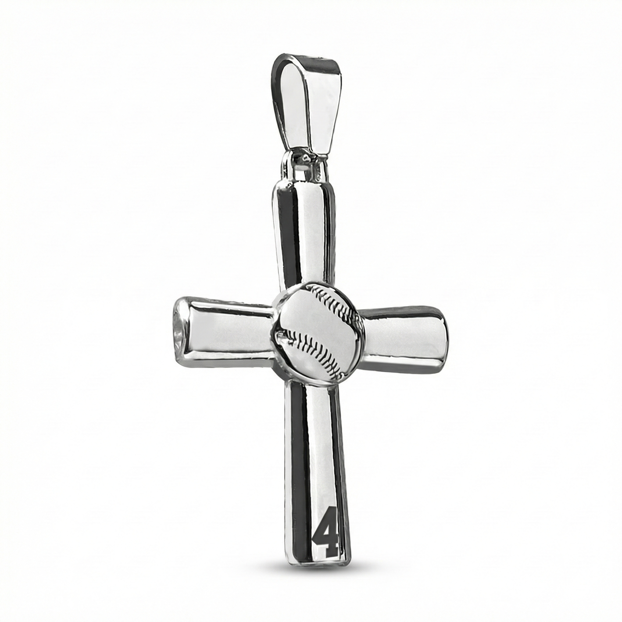 Silver baseball cross pendant with a number 4 on a white background