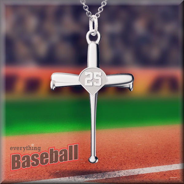 Silver necklace with a baseball bat cross pendant featuring the number 25 on a baseball field background.