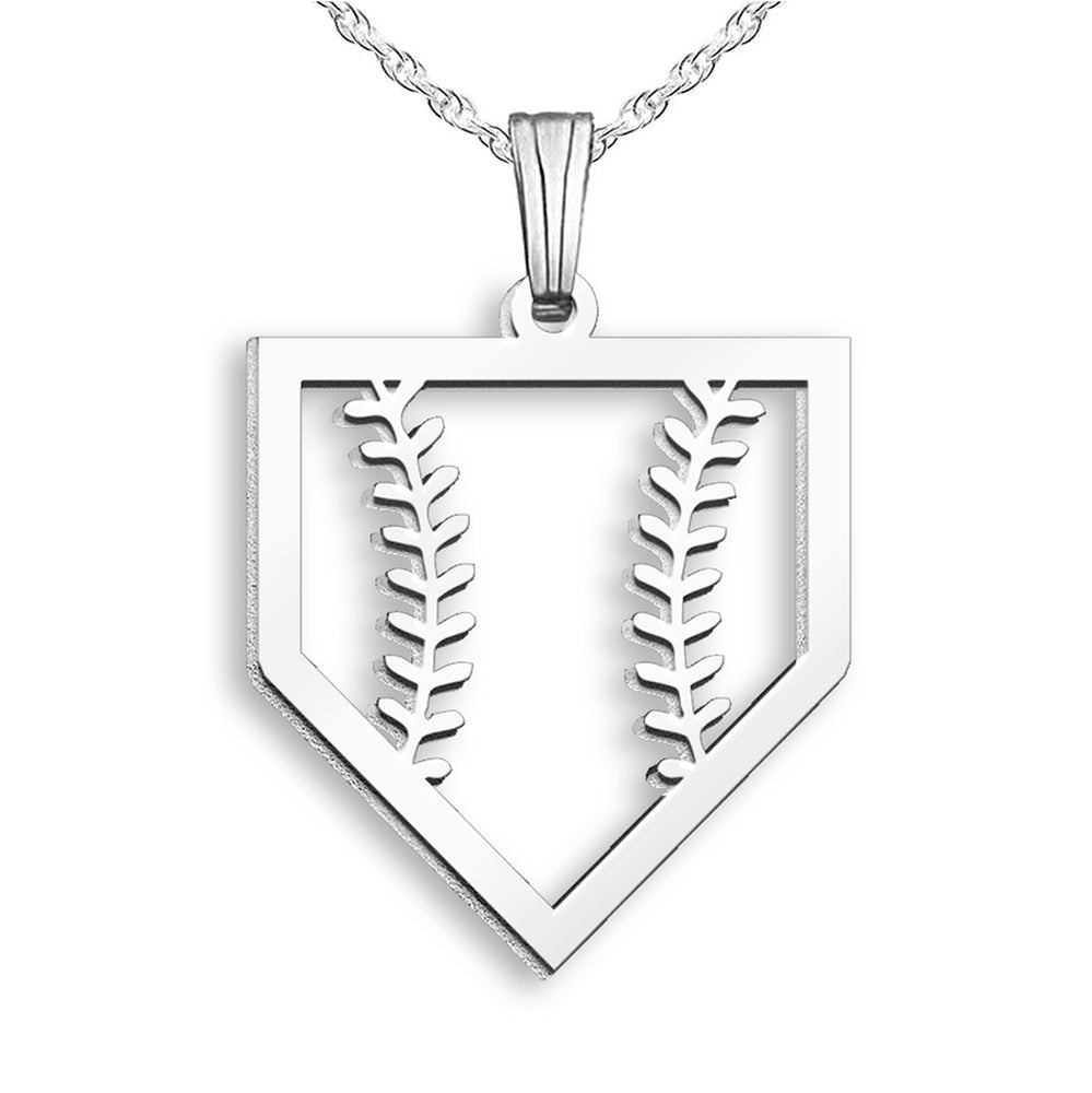 Silver pendant shaped like a home plate with leaf designs on a white background