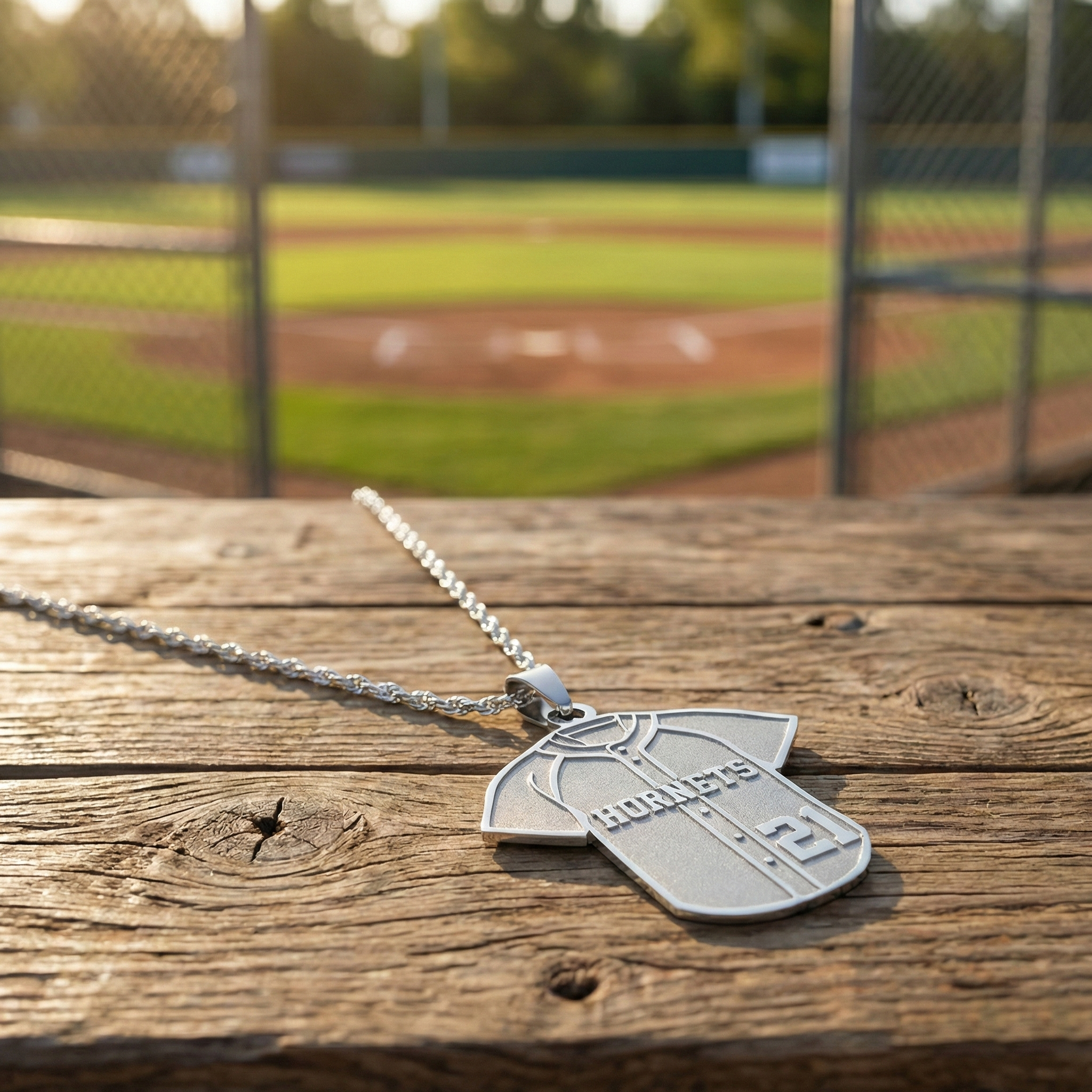 Silver baseball jersey pendant on rope chain on a wooden surface with a baseball field in the background