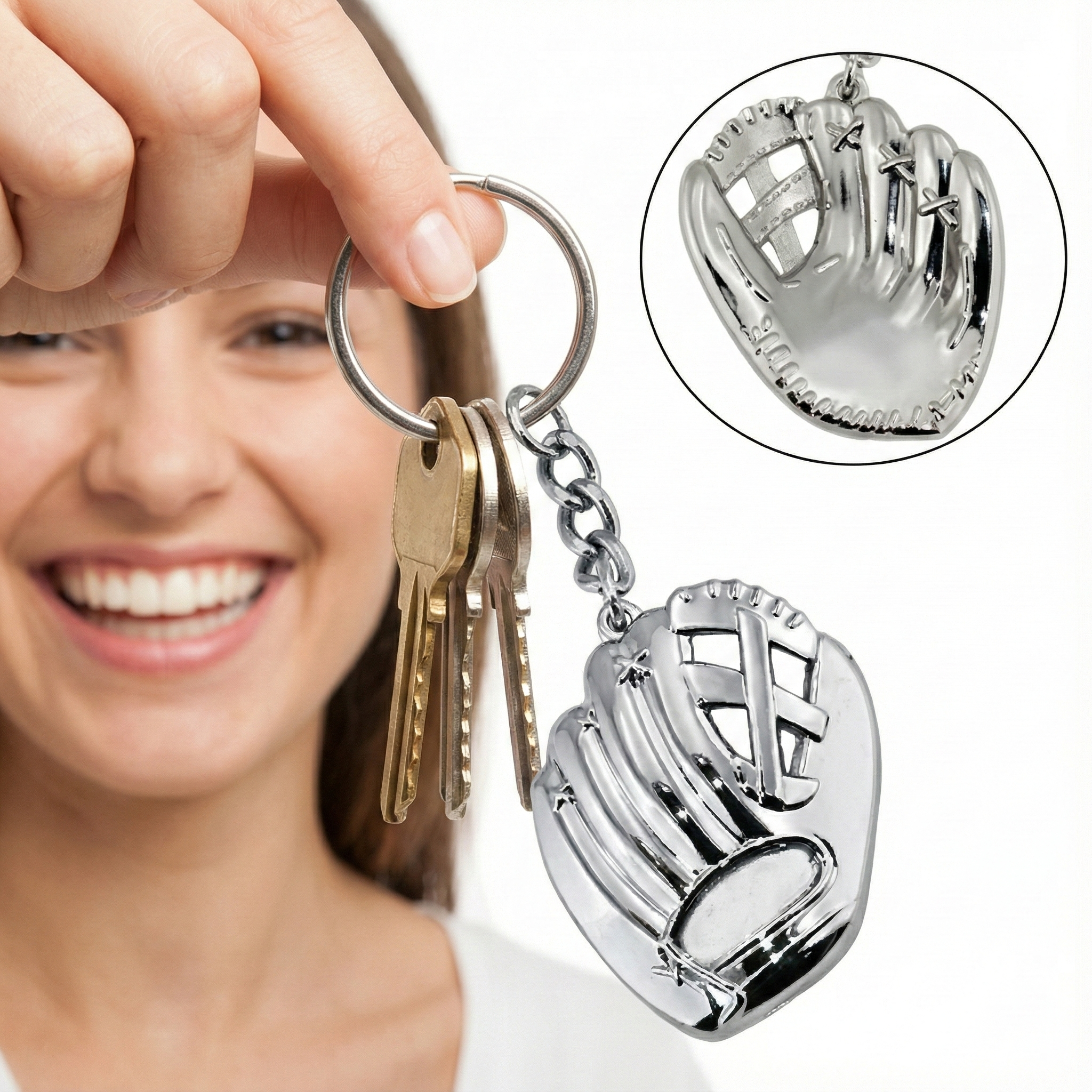 Person holding a keychain with a silver baseball glove design, close-up view.