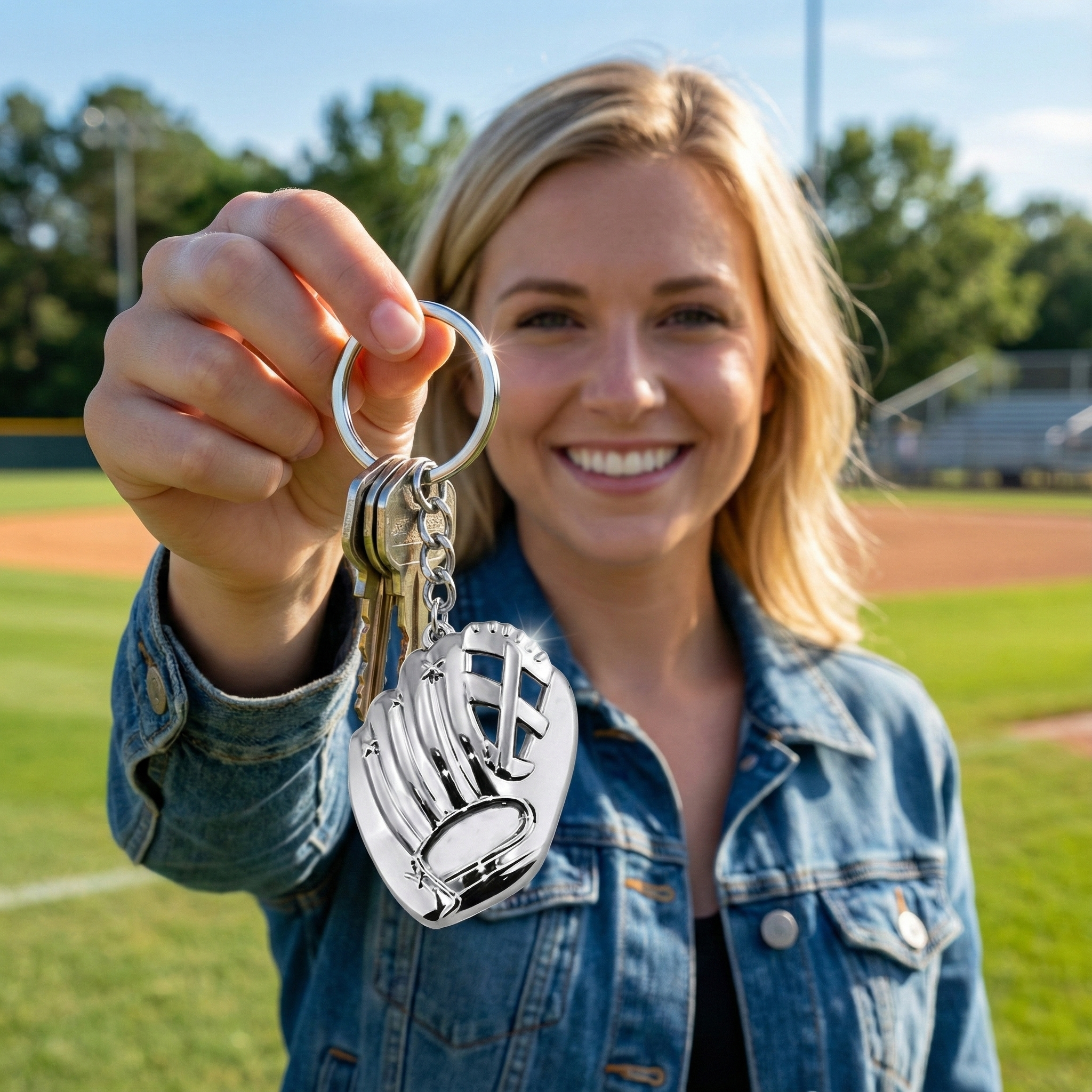 Woman holding a keychain with a baseball glove design on a sports field.