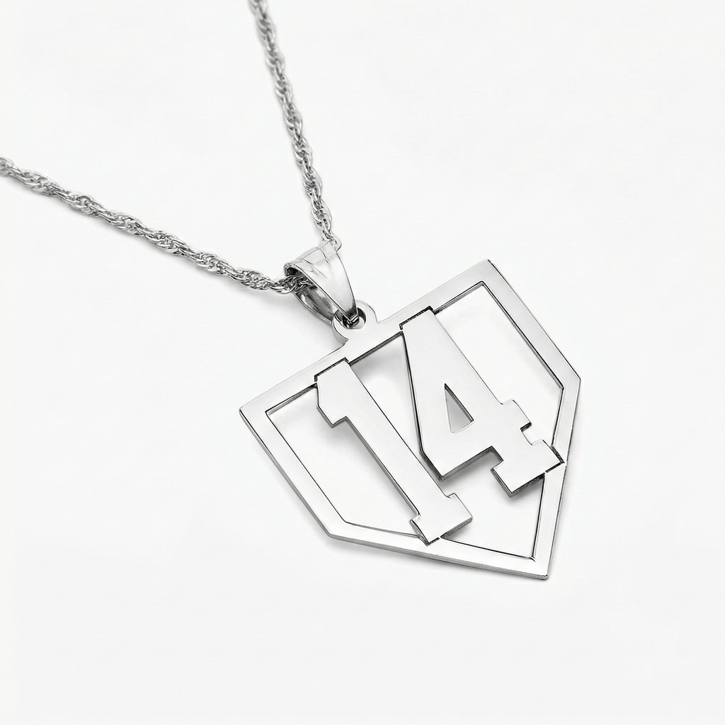 Silver baseball number home plate sports necklace with a pendant featuring the number '14' on a white background