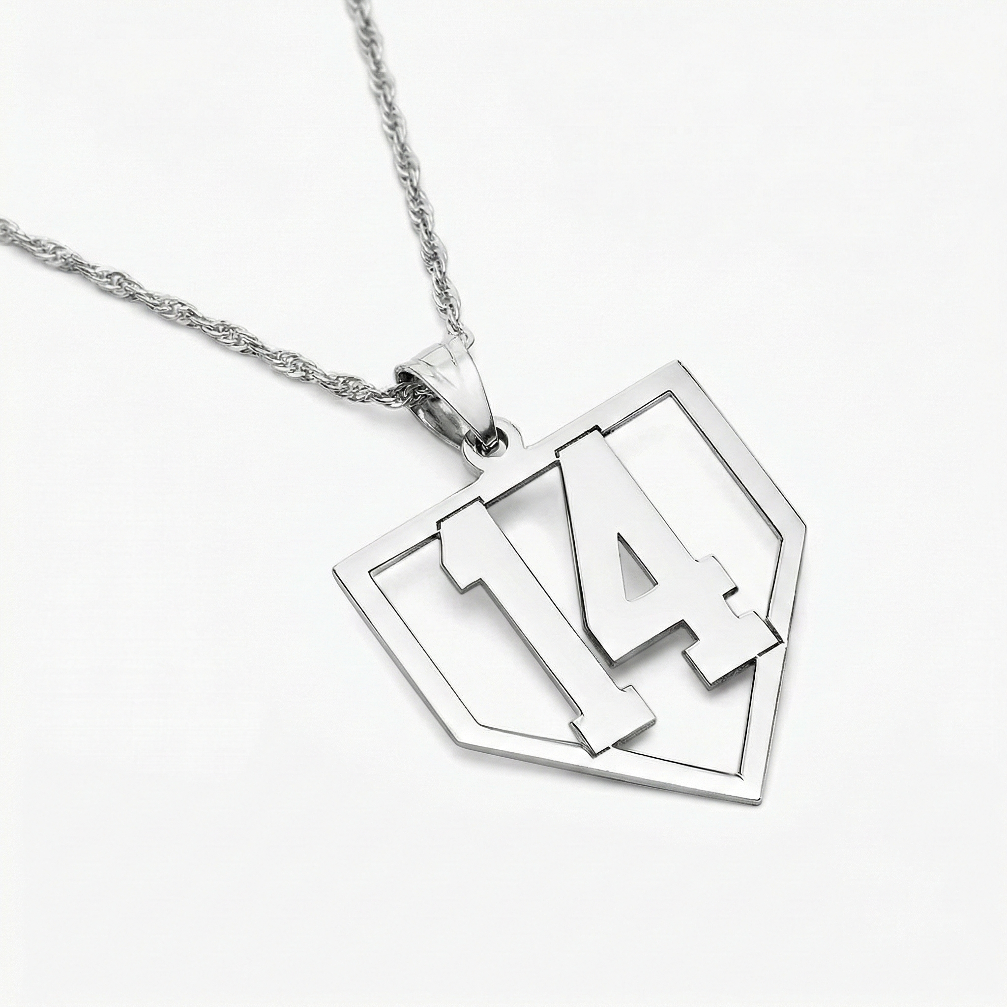 Silver baseball number home plate sports necklace with a pendant featuring the number '14' on a white background