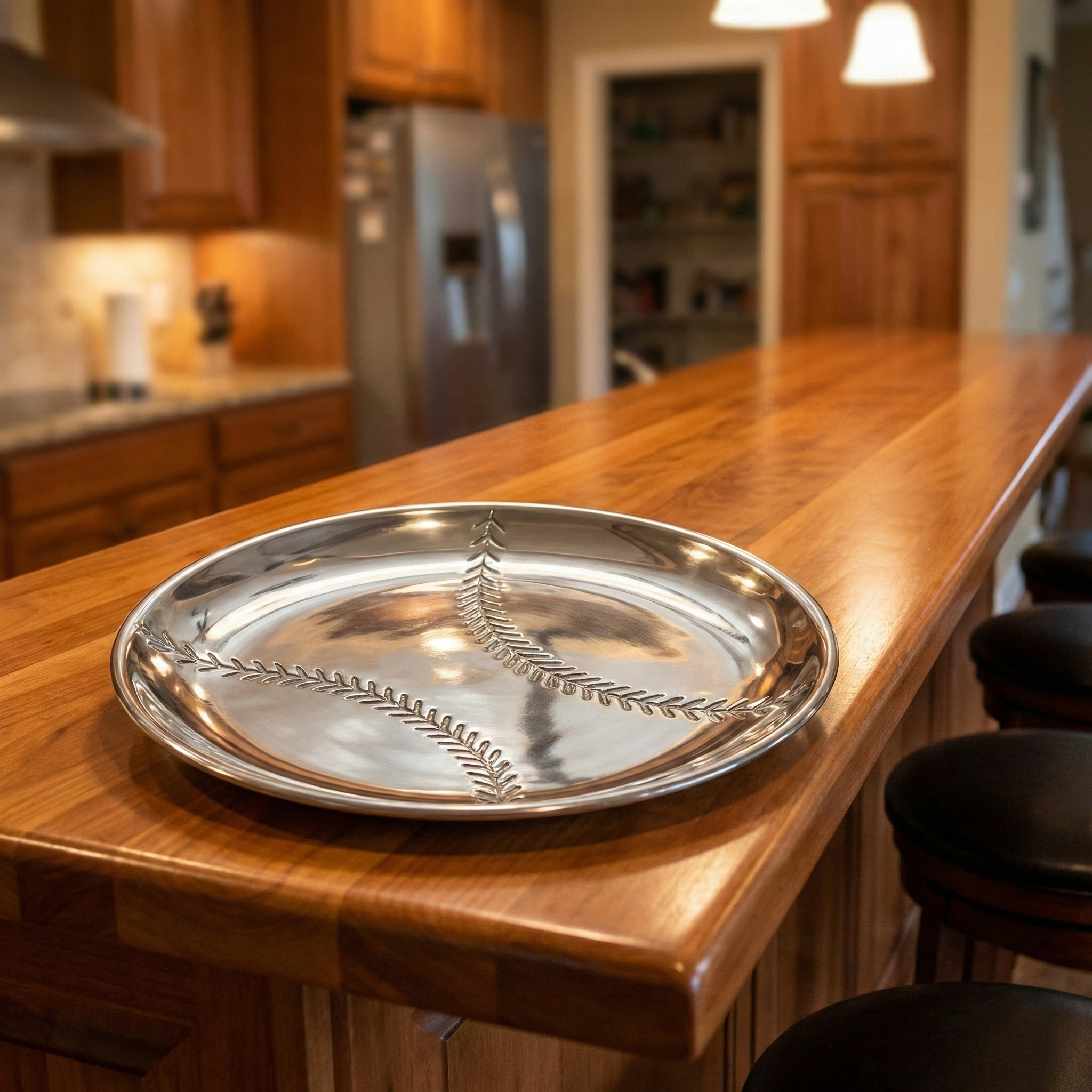 Round Baseball Silver Platter on a nice wooden kitchen bar.