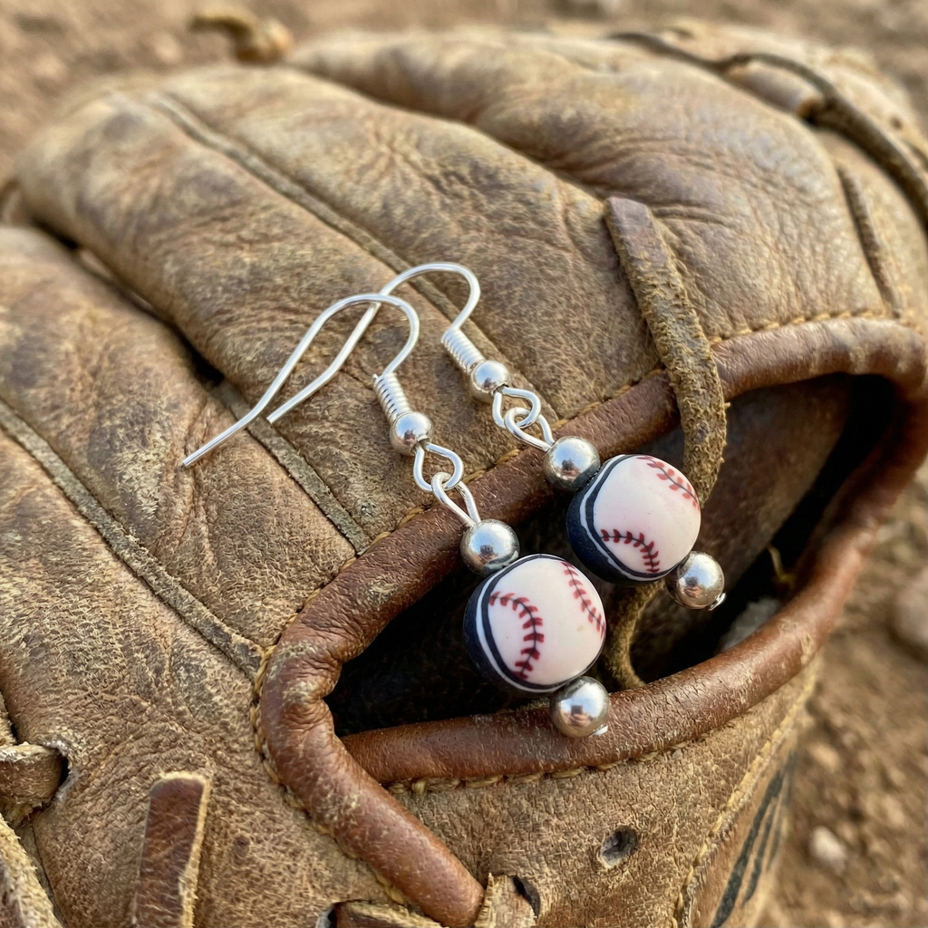 Handmade Clay Baseball Bead Silver Earrings on a glove