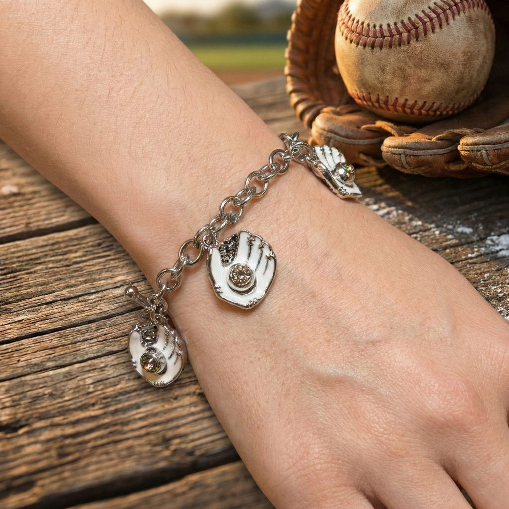 White Gloves Crystal Baseball Charm Bracelet