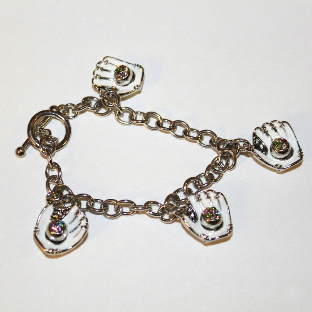 White Gloves Crystal Baseball Charm Bracelet on white background