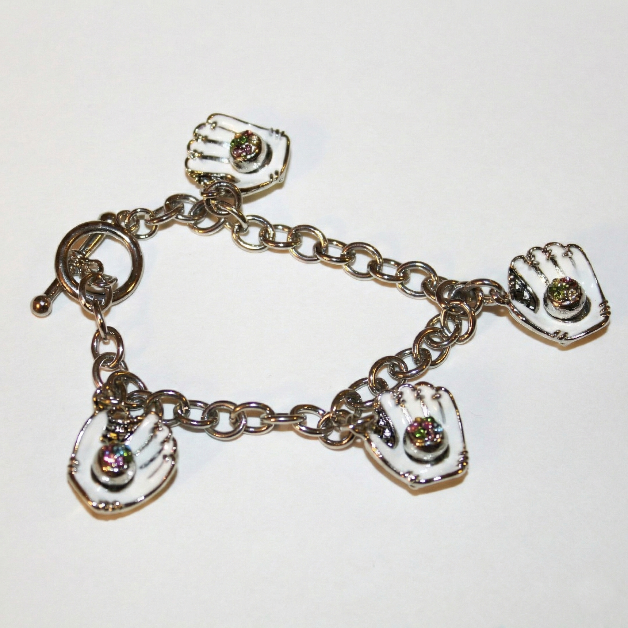 White Gloves Crystal Baseball Charm Bracelet on white background