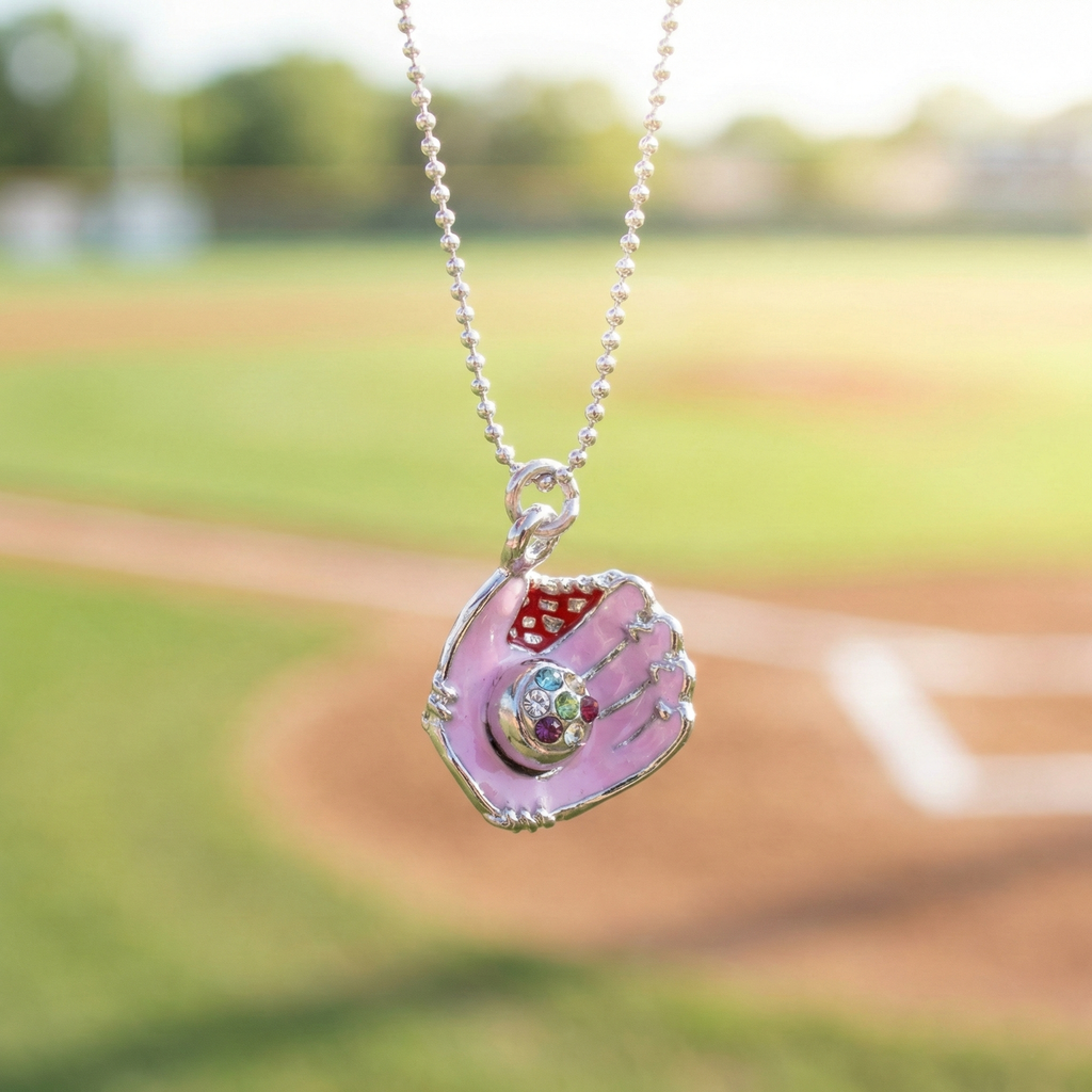 Pink Crystal Glove Baseball Necklace with field background