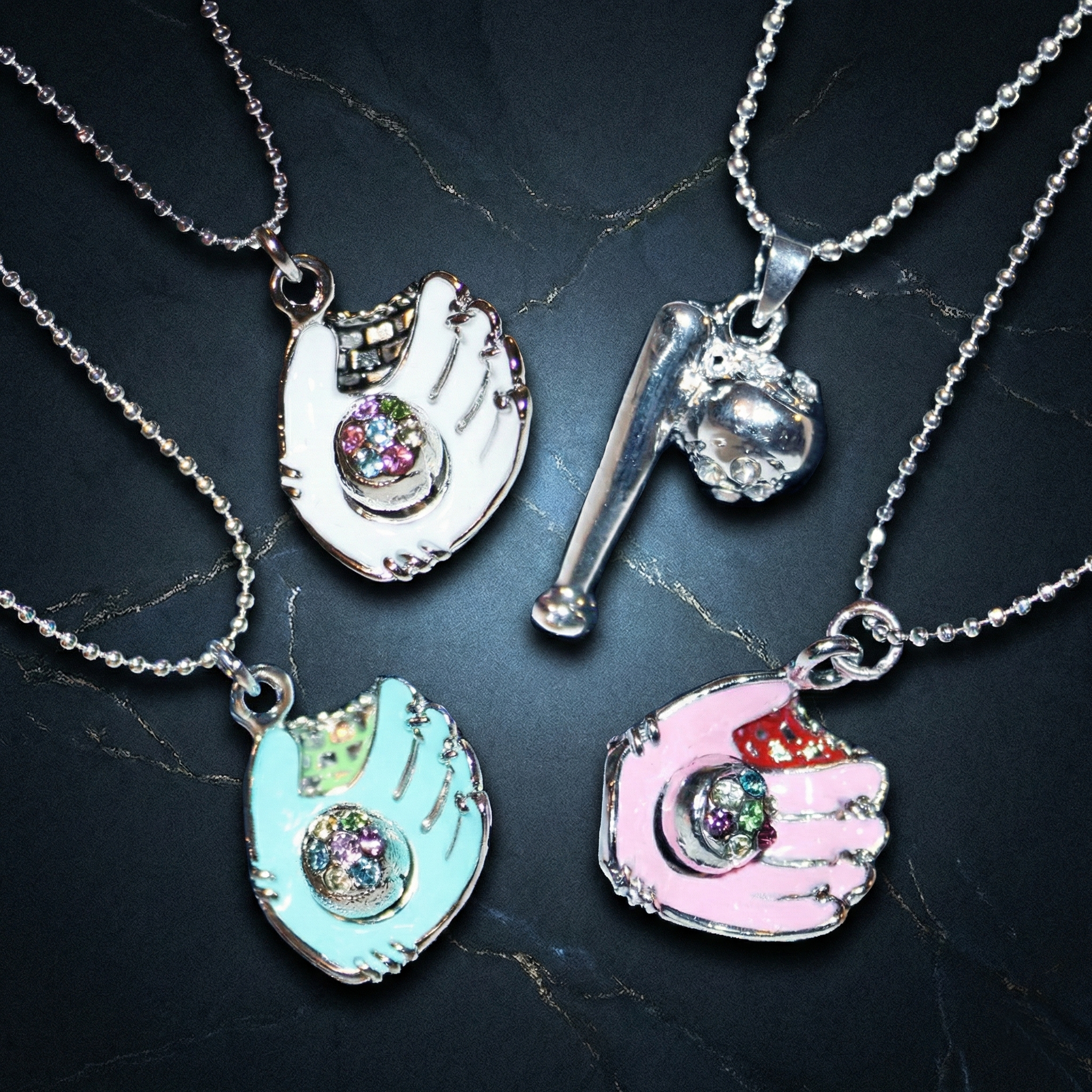 Crystal baseball glove necklaces with cool background