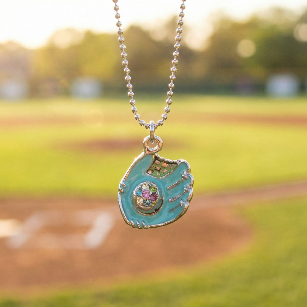 Teal blue crystal baseball glove necklace with baseball field background