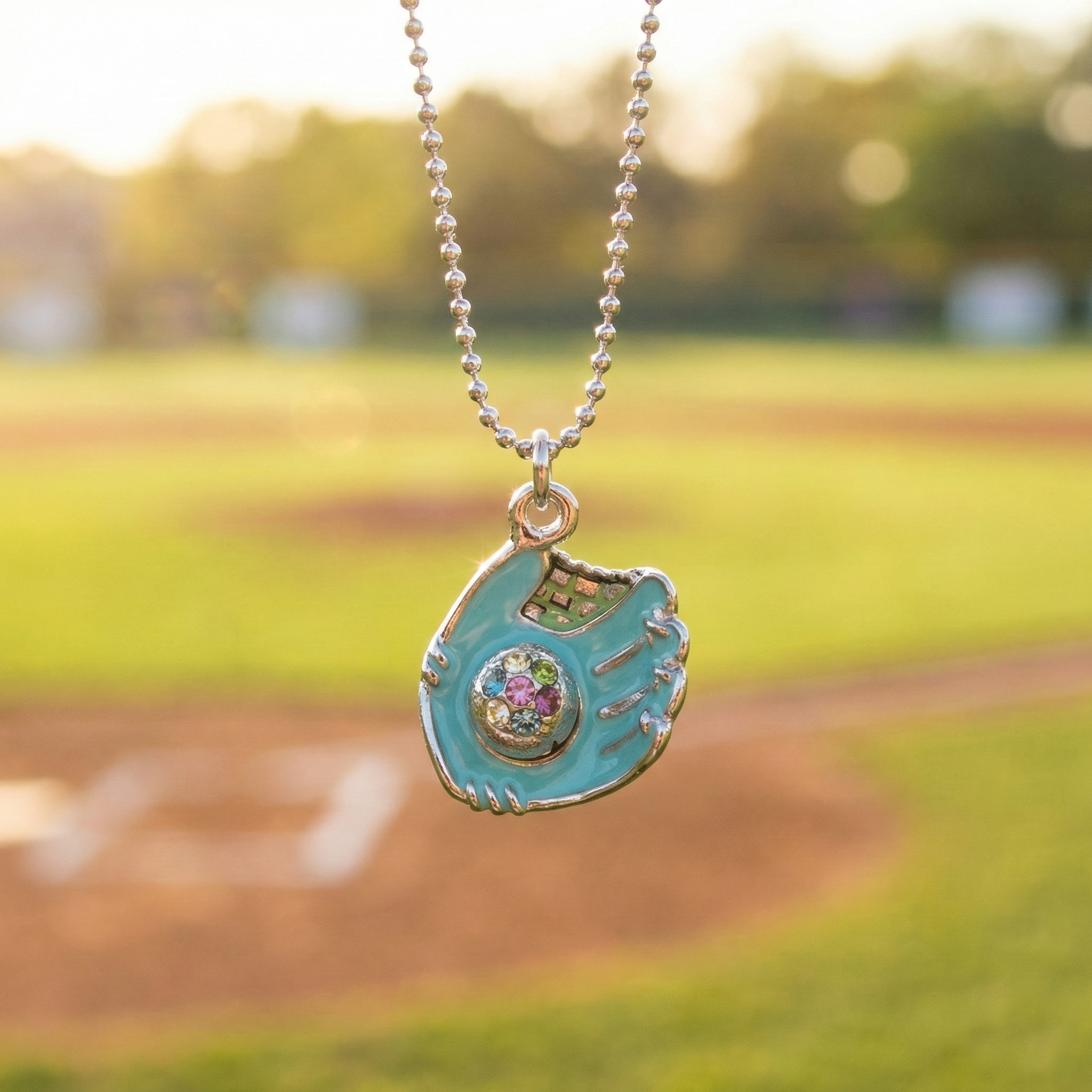 Teal blue crystal baseball glove necklace with baseball field background