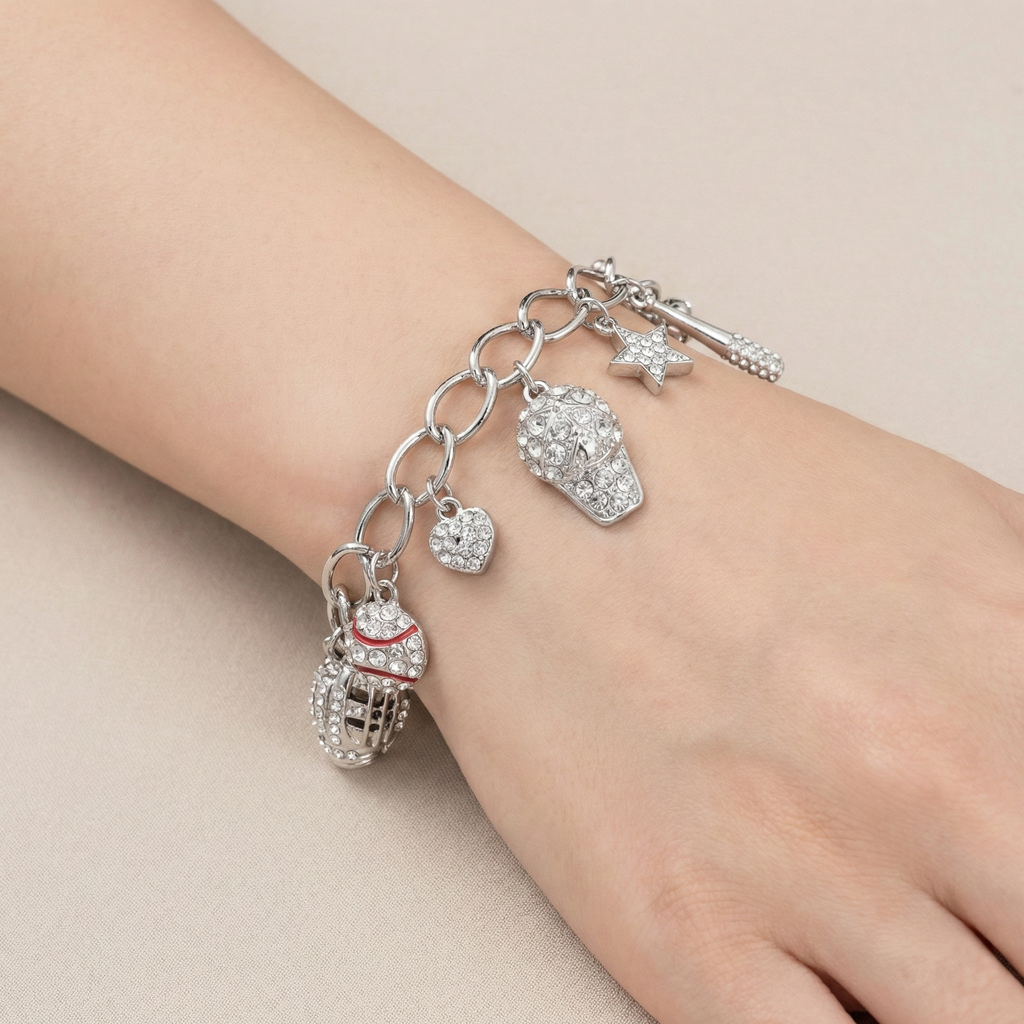 Baseball Charm Toggle Link Bracelet on a girl's wrist