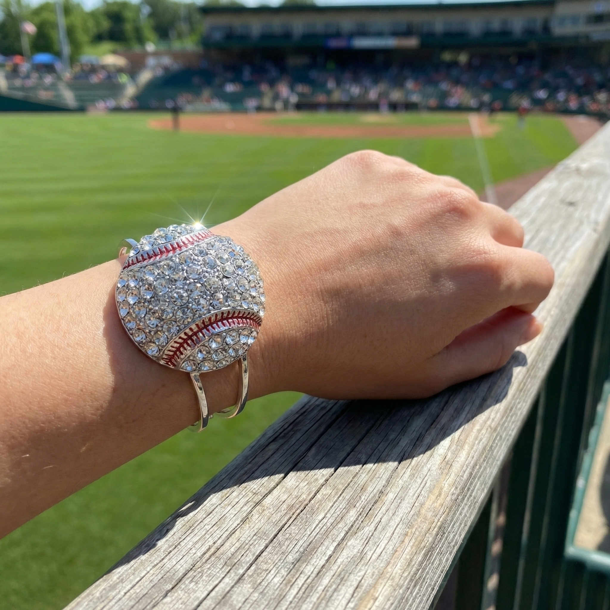 Large Crystal Baseball Cuff Bracelet at the ballpark