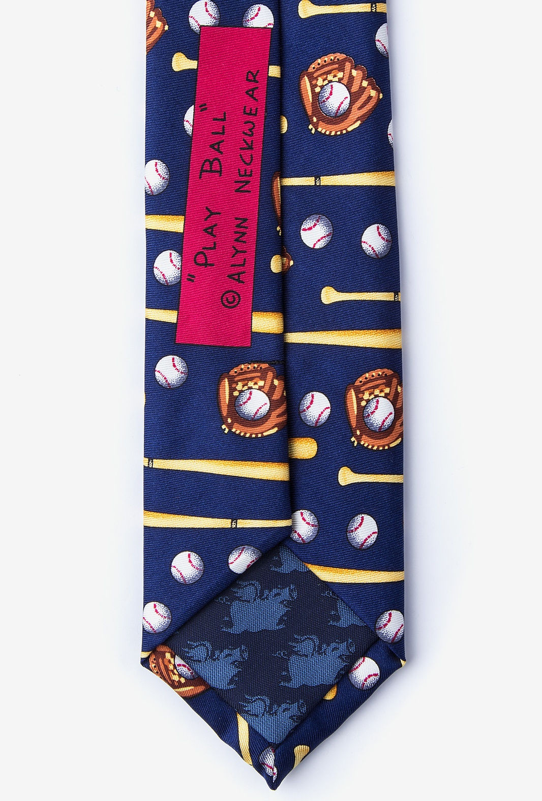 Baseball-themed tie with baseballs and gloves on a blue background, featuring a brand label.