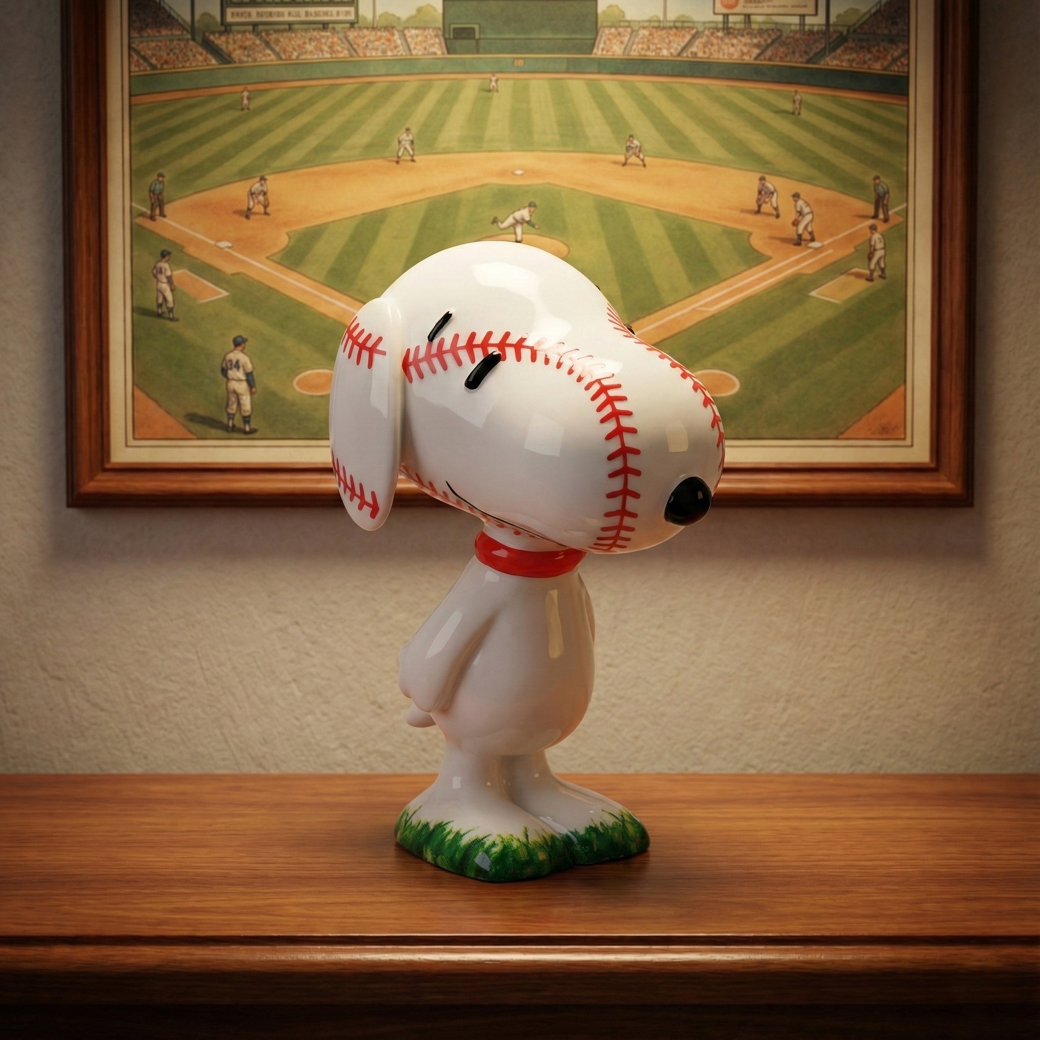 Snoopy baseball figurine with red baseball stitches on a wooden shelf, framed baseball game painting in the background.