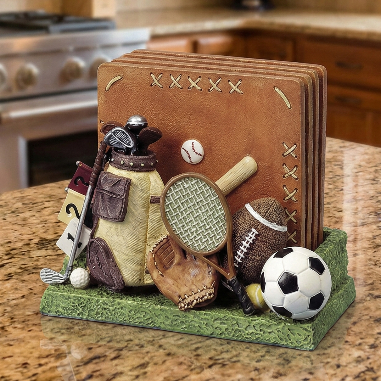 Decorative sports coaster set on a kitchen counter