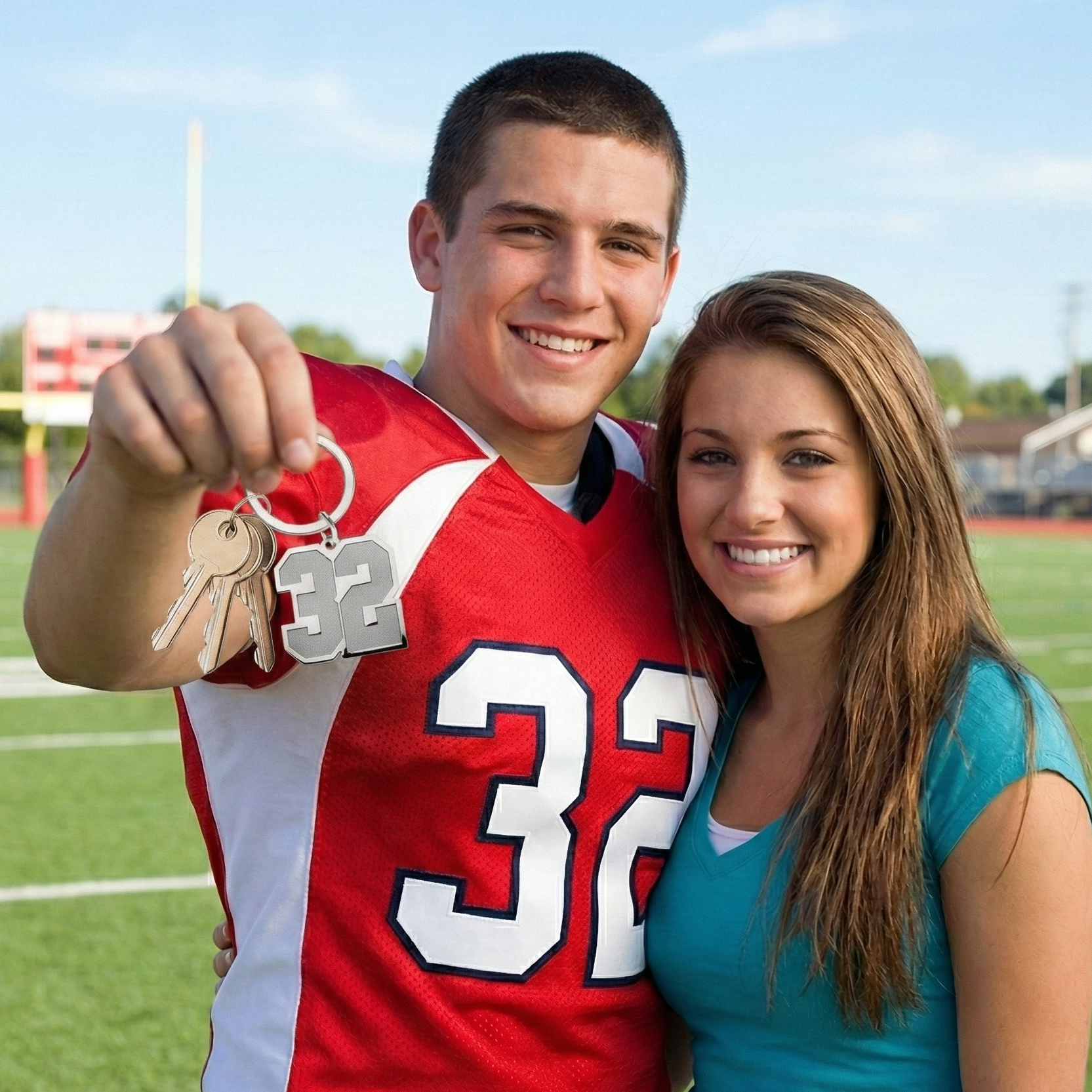 Man in red football jersey with sports key chain, standing next to a woman on a sports field.