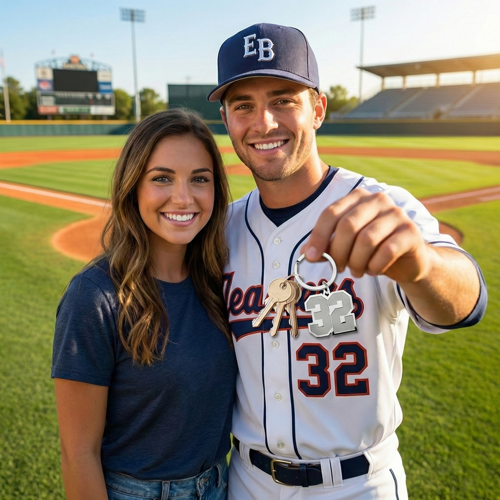 Baseball player holding keys with a sports number keychain, standing next to a woman on a baseball field.