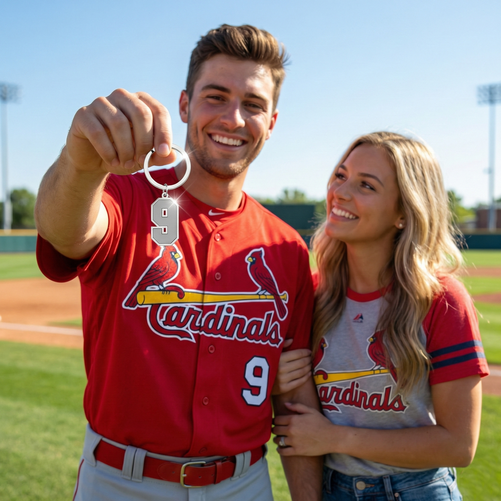Man and woman in St. Louis Cardinals jerseys on a baseball field, with the man holding a custom sports number keychain.