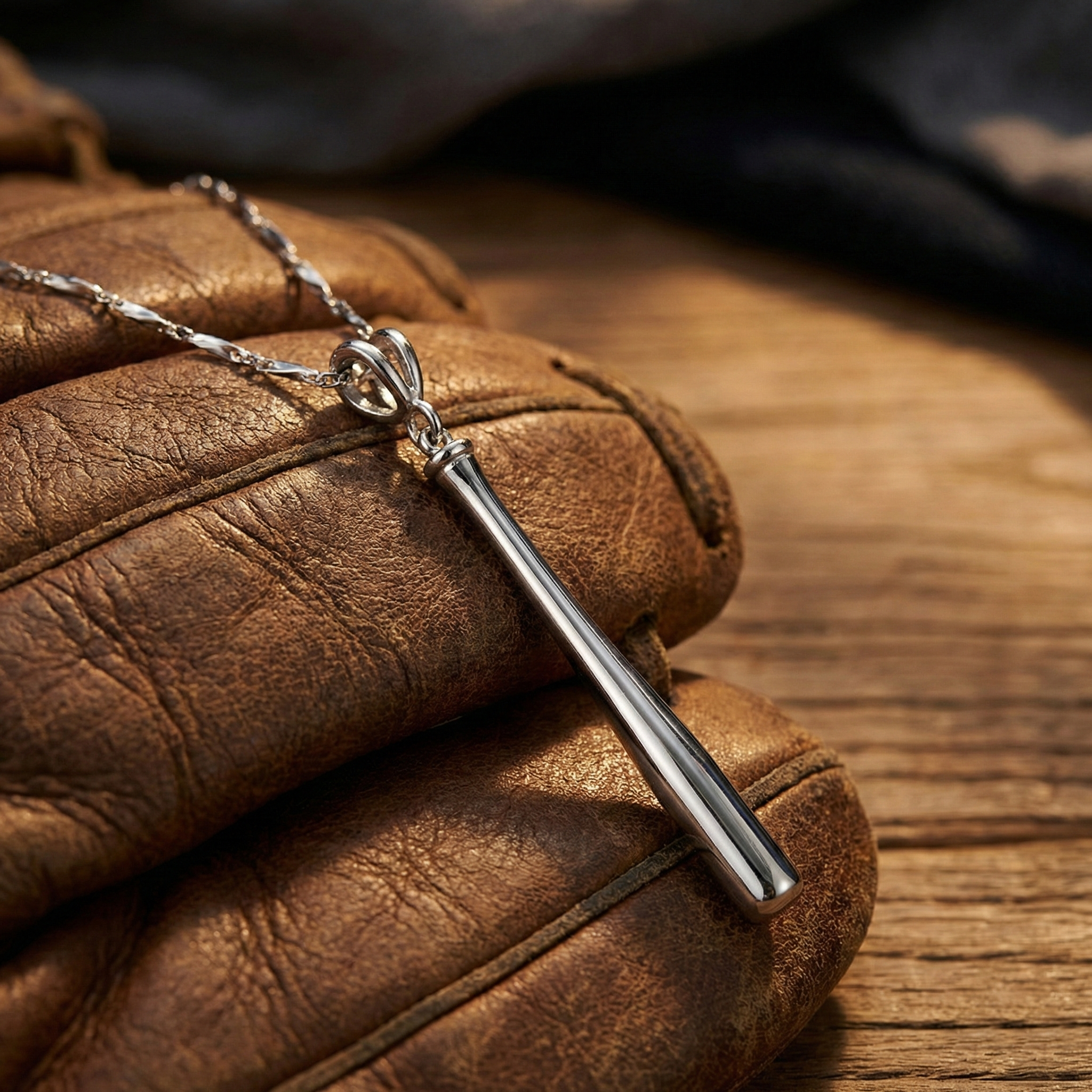 Silver necklace with a baseball bat pendant on a brown leather surface
