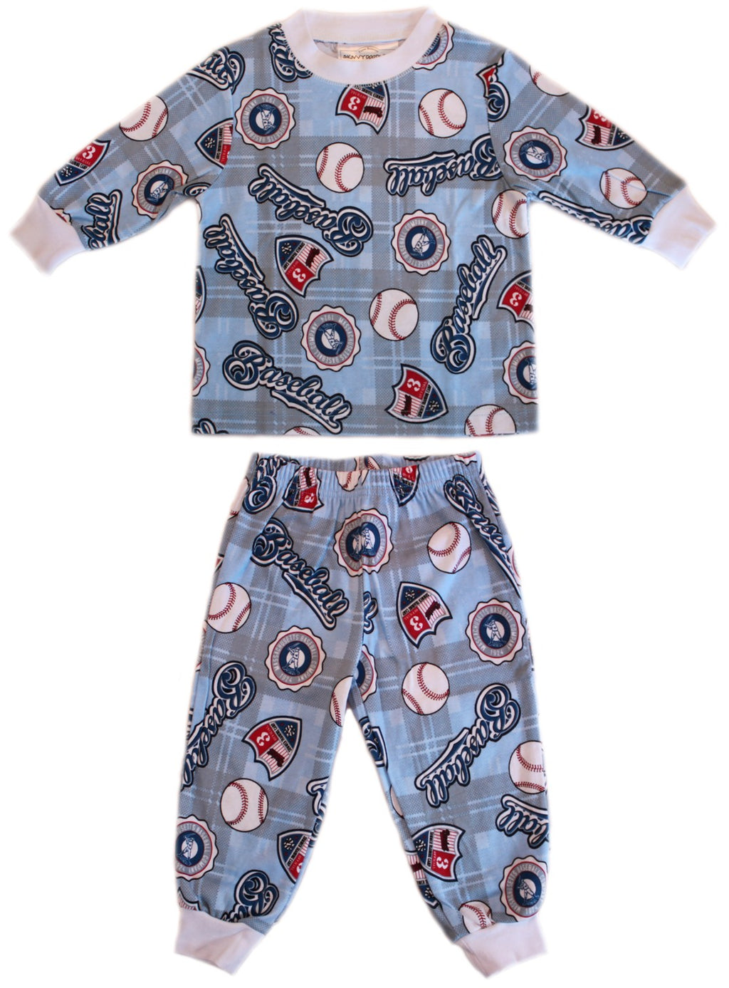 Children's pajama set with baseball-themed pattern on a white background